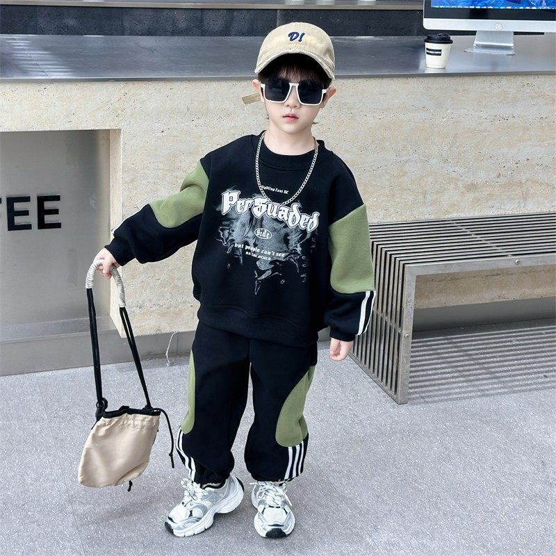 男童套装加绒加厚运动卫衣两件套