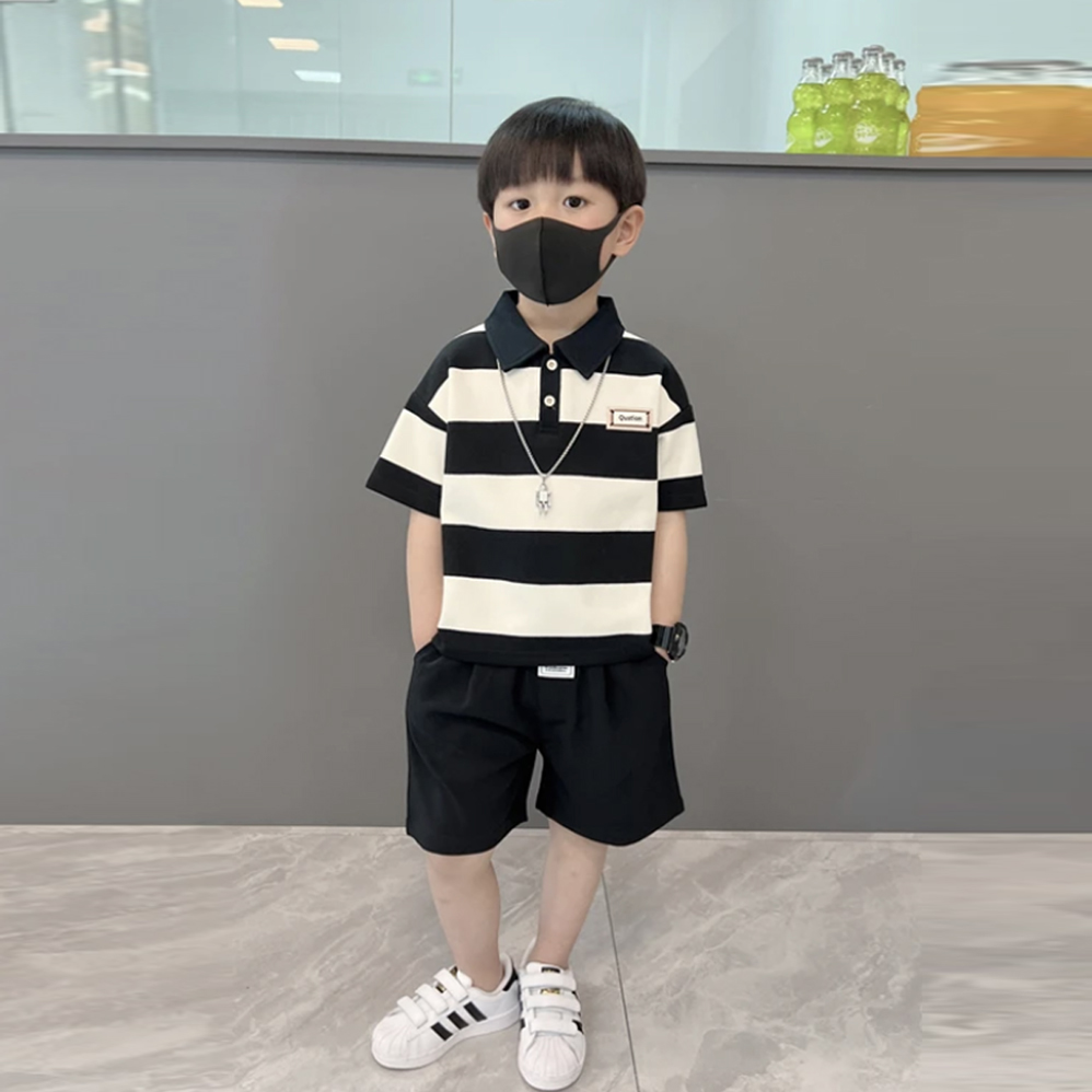 男童短袖套装2025新款夏季条纹polo衫帅气网红炸街儿童衣服两件套