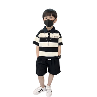 男童短袖套装2025新款夏季条纹polo衫帅气网红炸街儿童衣服两件套