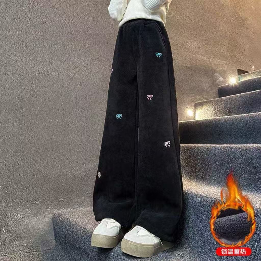 女童加绒裤子冬季加厚条绒阔腿裤