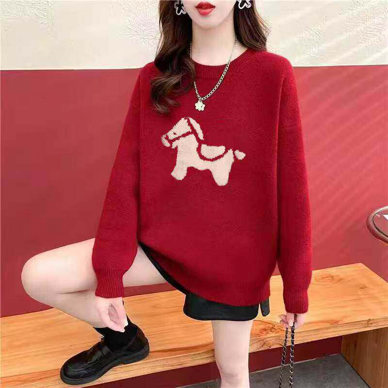 红色毛衣女童2026新款秋冬马年圣诞节本命年宽松少女针织打底上衣