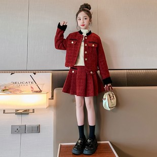 女童小香风套装秋冬款2025新款儿童红色连衣裙新年衣服过年服裙子