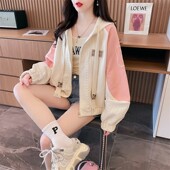 宽松拼接中大童学生连帽开衫 韩版 加绒外套潮 外套2025新款 女童秋季