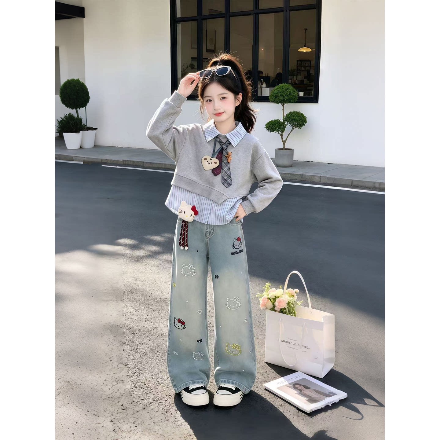 女童套装假两件卫衣牛仔裤两件套图片