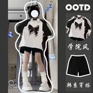 女童夏装套装2025新款初中生插肩宽松短袖T恤休闲五分短裤两件套