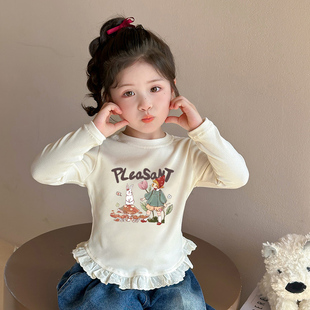 女童蕾丝花边长袖t恤2025春秋新款儿童卡通打底衫中大童纯棉上衣