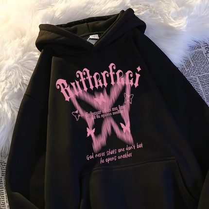 美式高街蝴蝶印花连帽卫衣女童春秋装新款潮牌设计感女孩加绒外套