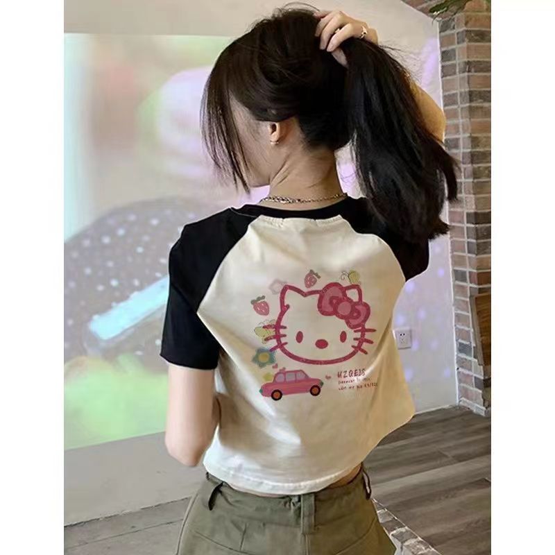 女童插肩袖纯棉短袖卡通kt猫上衣