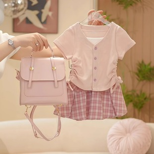 女童套装夏季2025新款儿童洋气短袖T恤夏装女孩格子百褶裙两件套