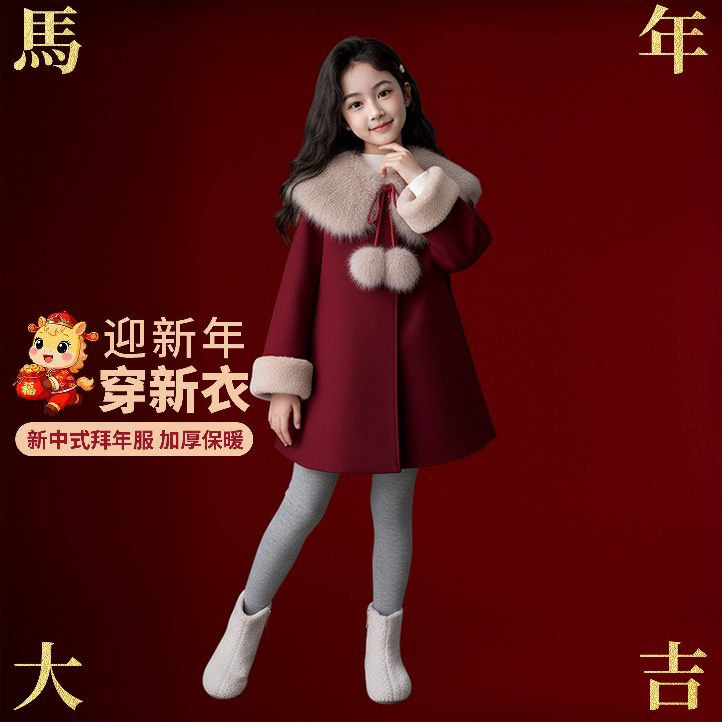 女童毛呢洋气外套冬2025新款女孩本命年中长款大衣儿童红色拜年服,童装/婴儿装/亲子装,普通外套,淘宝优惠券,粉丝福利购,淘宝优惠卷