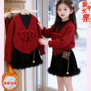 女童蝴蝶结假两件毛衣丝绒短裙套装秋冬2026新款红色内搭拜年服潮