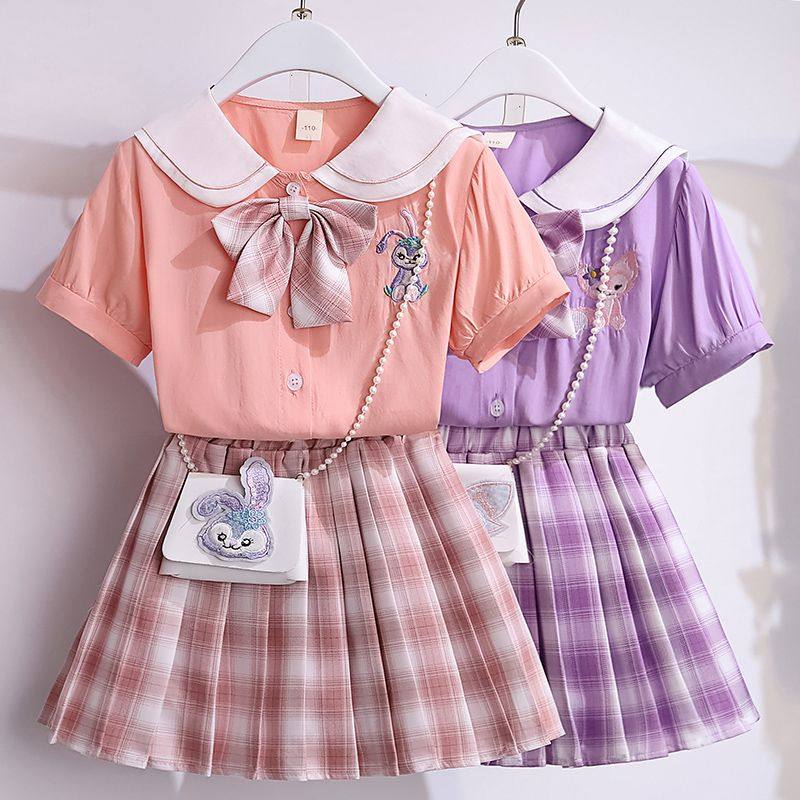 女童套装夏季新款洋气时髦儿童装中大童学院风百褶裙JK制服两件套