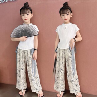 女童夏装套装2025新款中国风儿童夏季雪纺阔腿裤薄款冰丝裤两件套