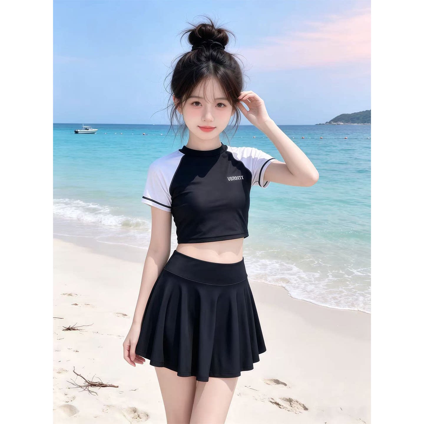 女童黑白撞色分体泳衣2026新款夏季短款儿童上衣防走光百褶裙泳装