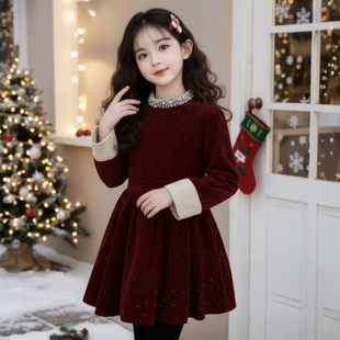 女童冬季丝绒连衣裙2026新款冬装儿童加绒加厚小女孩红色公主裙子
