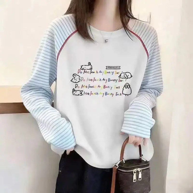 春秋季新款女童条纹撞色长袖可爱印花上衣宽松洋气百搭休闲打底衫