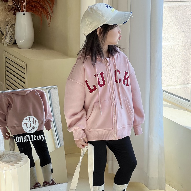 女童粉色卫衣外套秋装2025新款儿童韩版洋气休闲宽松连帽开衫春秋