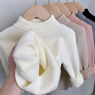 男童一体绒毛衣儿童半高领针织衫女童白色加绒加厚毛线打底衣冬款