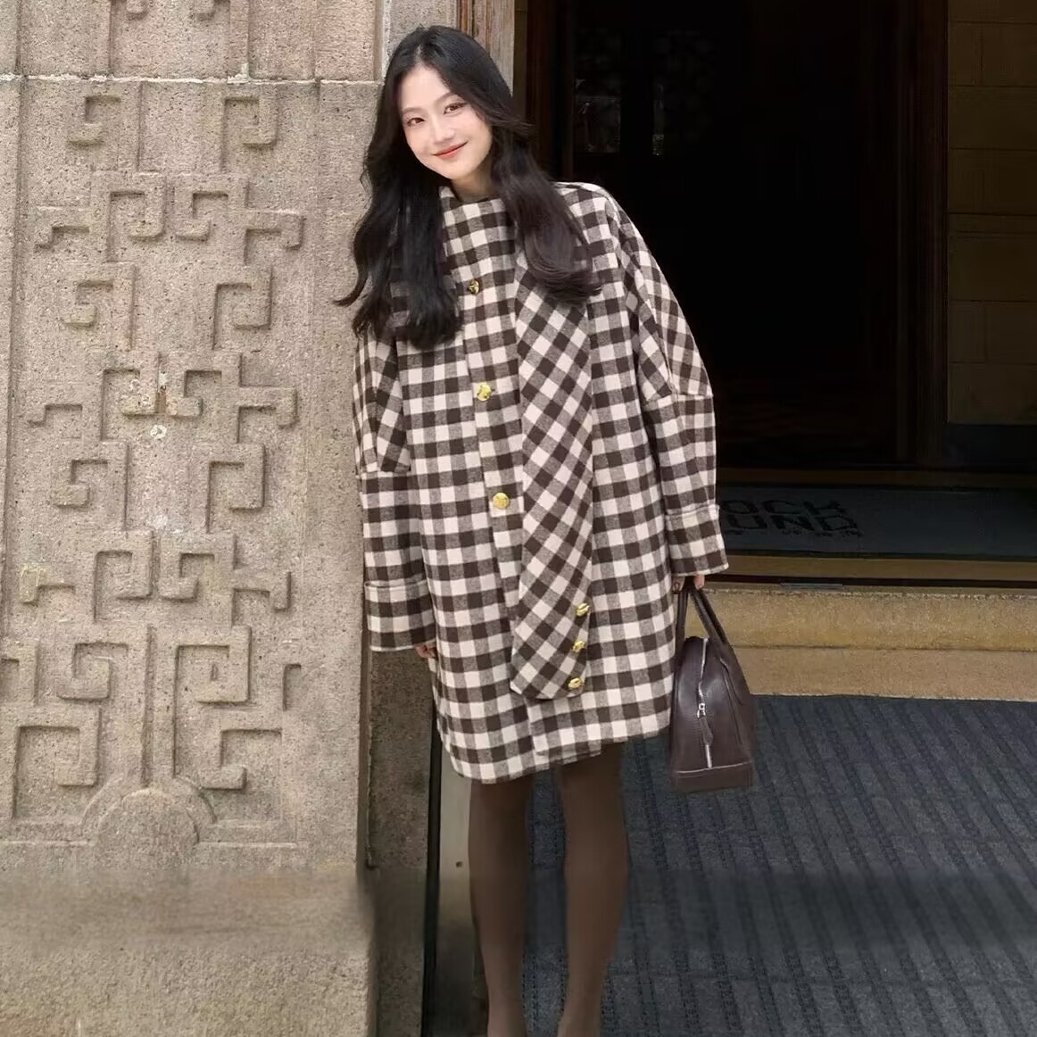 米米设计冬上新韩系简约高级格兰德加厚中长款格子大衣H7912