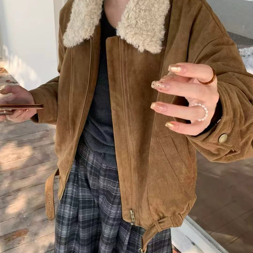 米米设计恭喜发财毛毛内里麂皮短外套8675