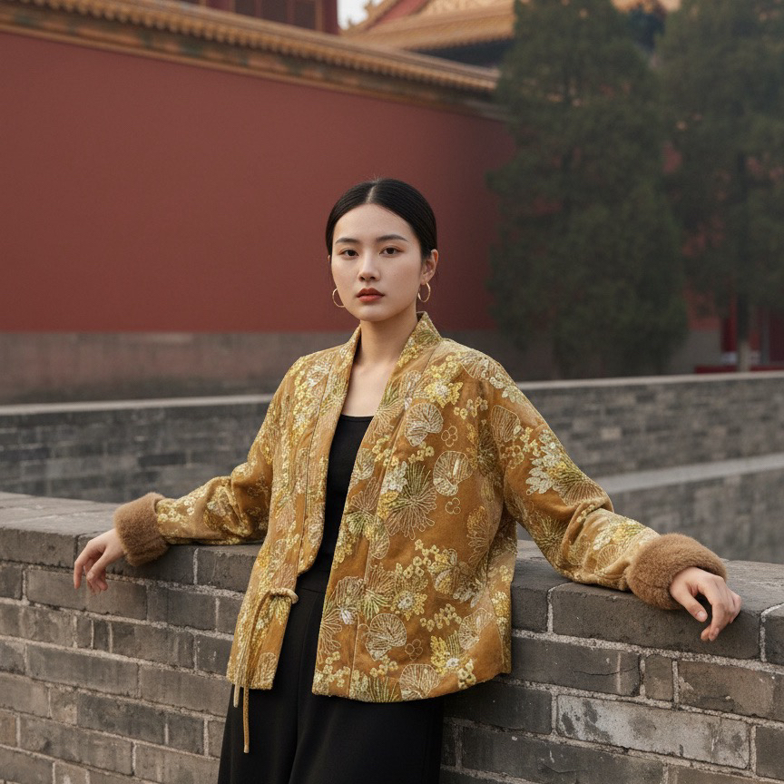 米米上新高级重工定珠真丝丝绒夹棉v领新中式短外套短外套42603