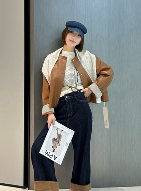 米米秋上新气质百搭简约圆领落肩袖蛋白皮短外套R99050