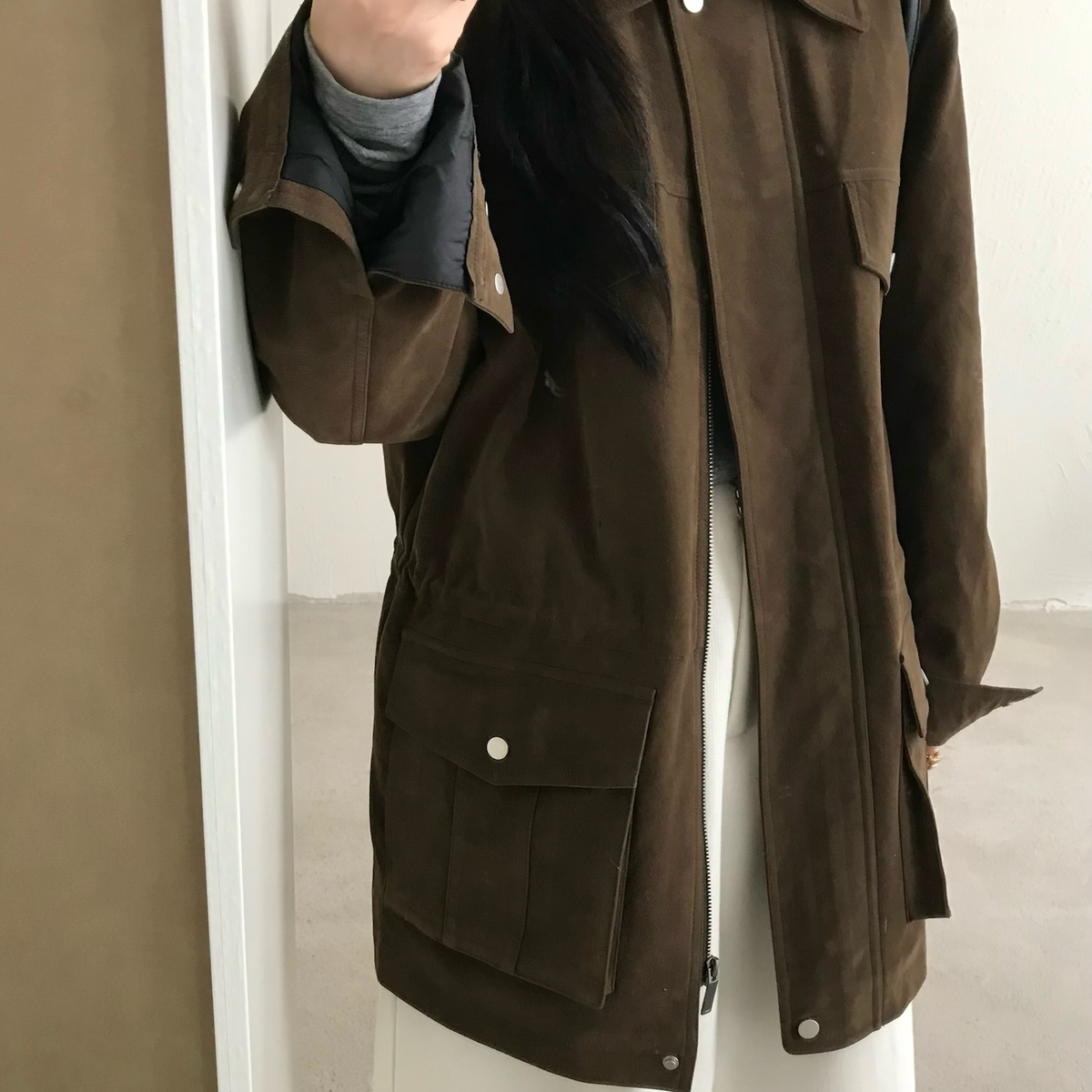 米米店旧工艺哑光pu羽绒做旧工艺哑光PU羽绒宽松廓形大衣W25C258A