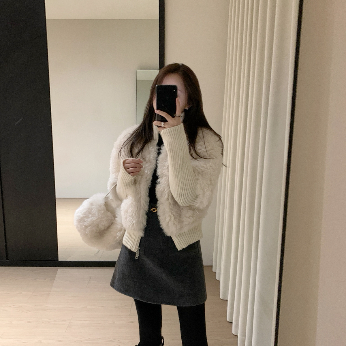 米米店毛外套保暖皮毛一体外套(配手提包包)（含50羊毛）PSO7117