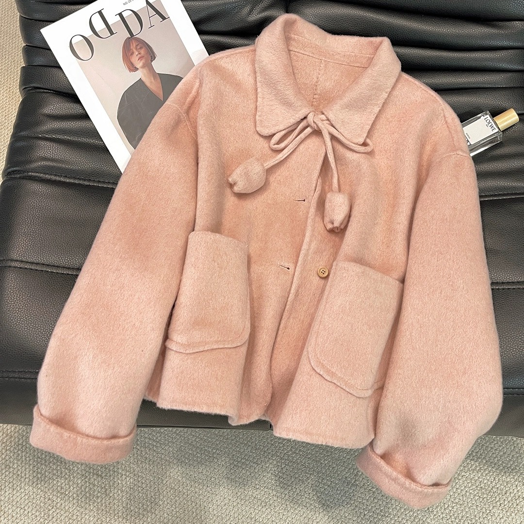 米米店超好看短款呢子大衣羊毛外套(配系带)（含100澳毛）25NN168