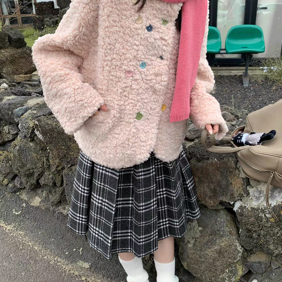 米米设计趣味多彩纽扣环保皮毛一体保暖短外套L-HZSSPC1699