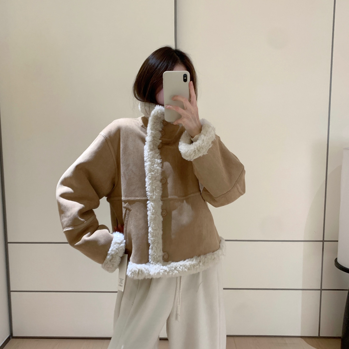 米米设计两穿加厚保暖立领单排扣皮毛一体毛毛衣短外套PM8022