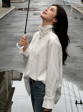 米米26年早春气质百搭简约纯色钉珠长袖白色衬衫R90943
