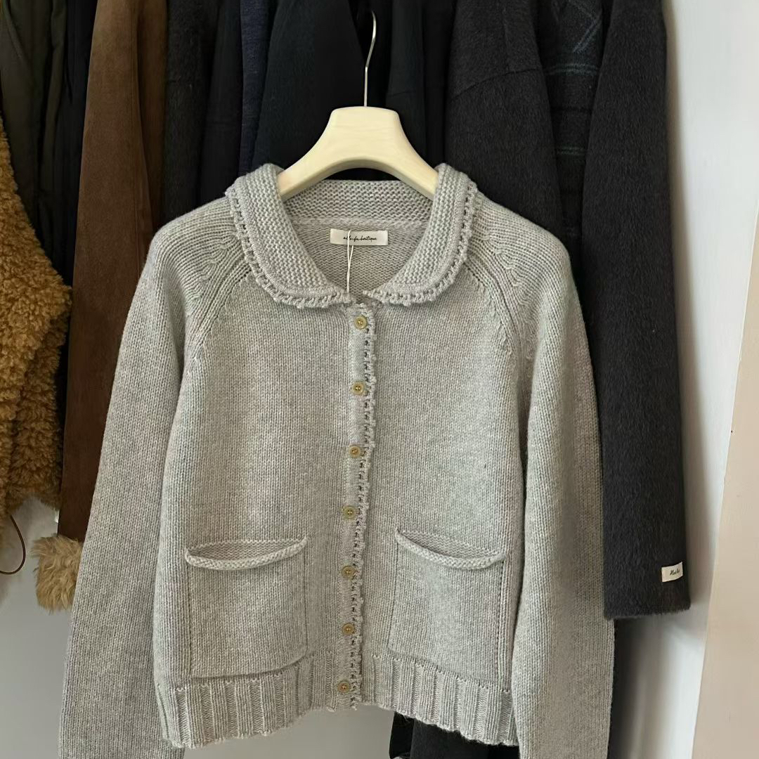 米米小众设计季新品时尚翻领文艺风纯色加厚开衫外套毛衣1159