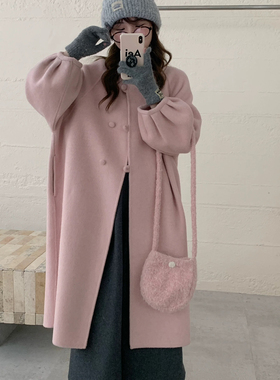 米米韩系慵懒温柔风长款灯笼袖羊毛外套(含68.2绵羊毛)D25913