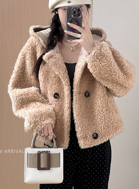 米米连帽双排扣宽松减龄甜美羊毛外套（含100澳毛）23883