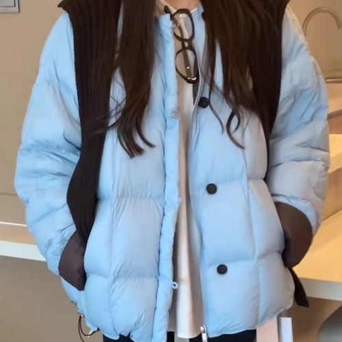 米米新韩系连帽保暖单排扣拼色保暖羽绒服外套(配可拆卸帽子)j711