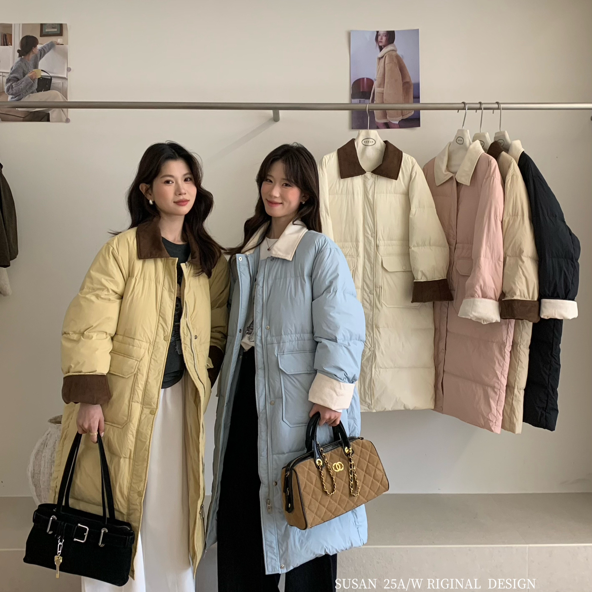 米米发财款韩系撞色翻领长款气质保暖羽绒服(含90白鸭绒)1261s