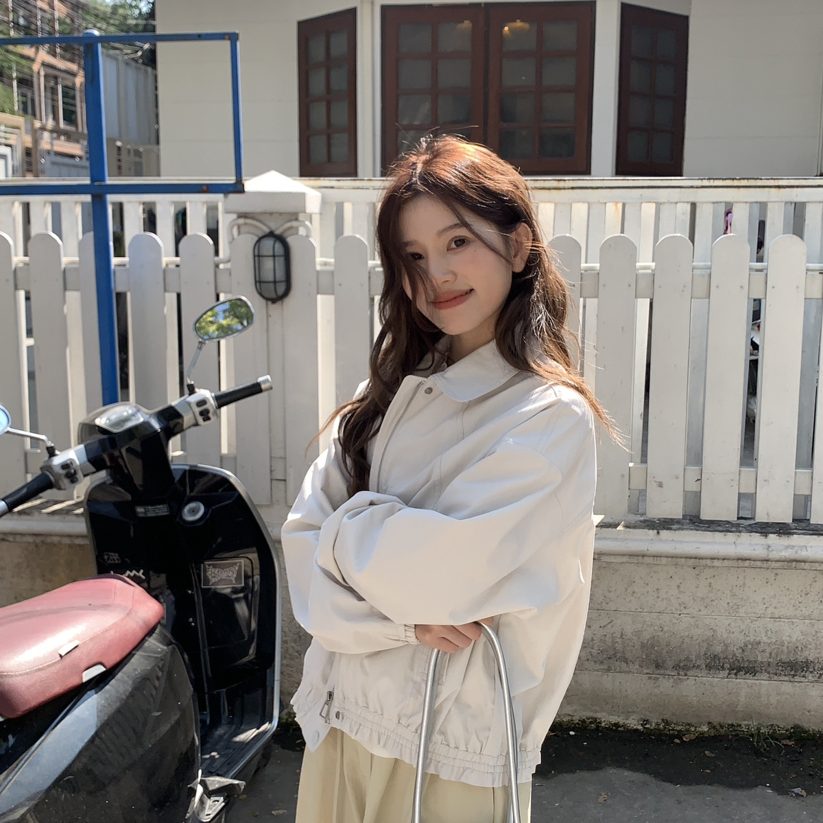 米米看显瘦的棒球款风衣小个子超级合适版型很好短外套G25395