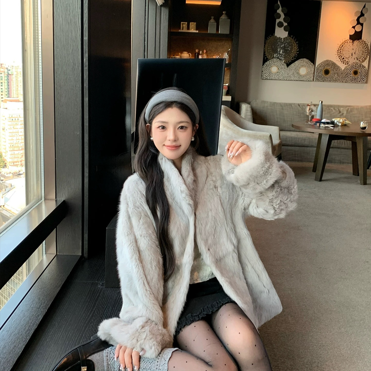 米米加拿大雪兔千金温柔风小立领紫标S级兔毛皮草(含100兔毛)KM70