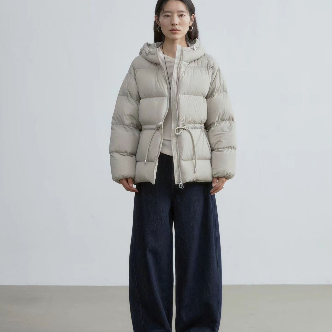 米米宽松保暖羽绒服外套(配可拆卸抽绳腰带)(不可拆卸帽子)8510