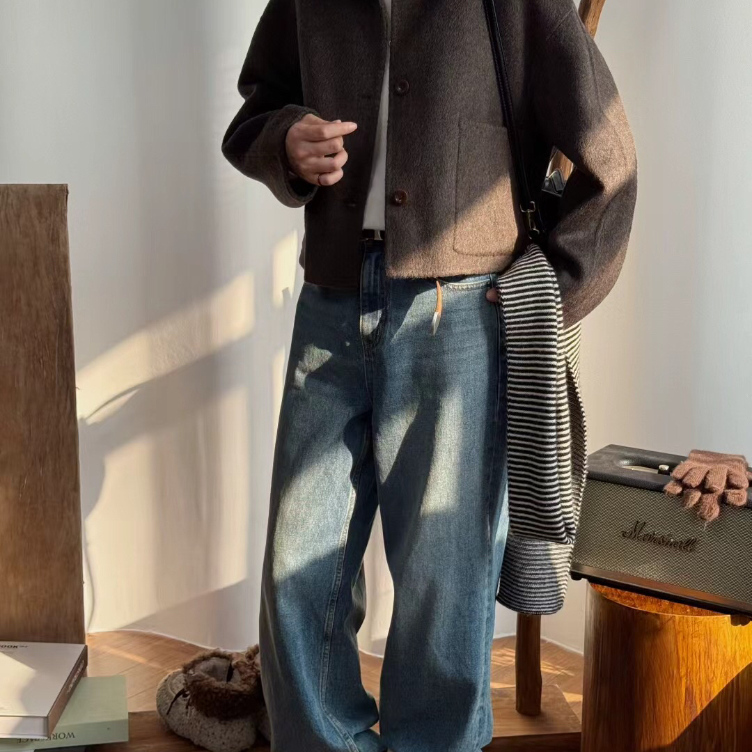 米米休闲百搭翻领单排扣短款双面羊毛外套(含72.1羊毛)9025