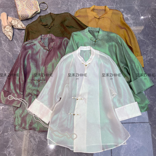 米米设计6年春款极简大牌老钱新中式桑蚕丝双色小衫(无配件)t828