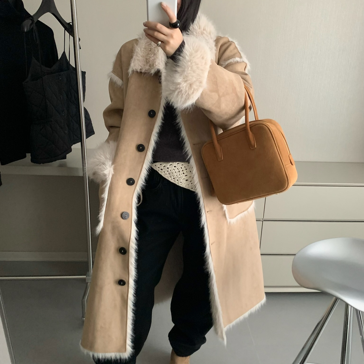 米米款翻领毛毛皮毛一体长款外套皮毛一体CC4007