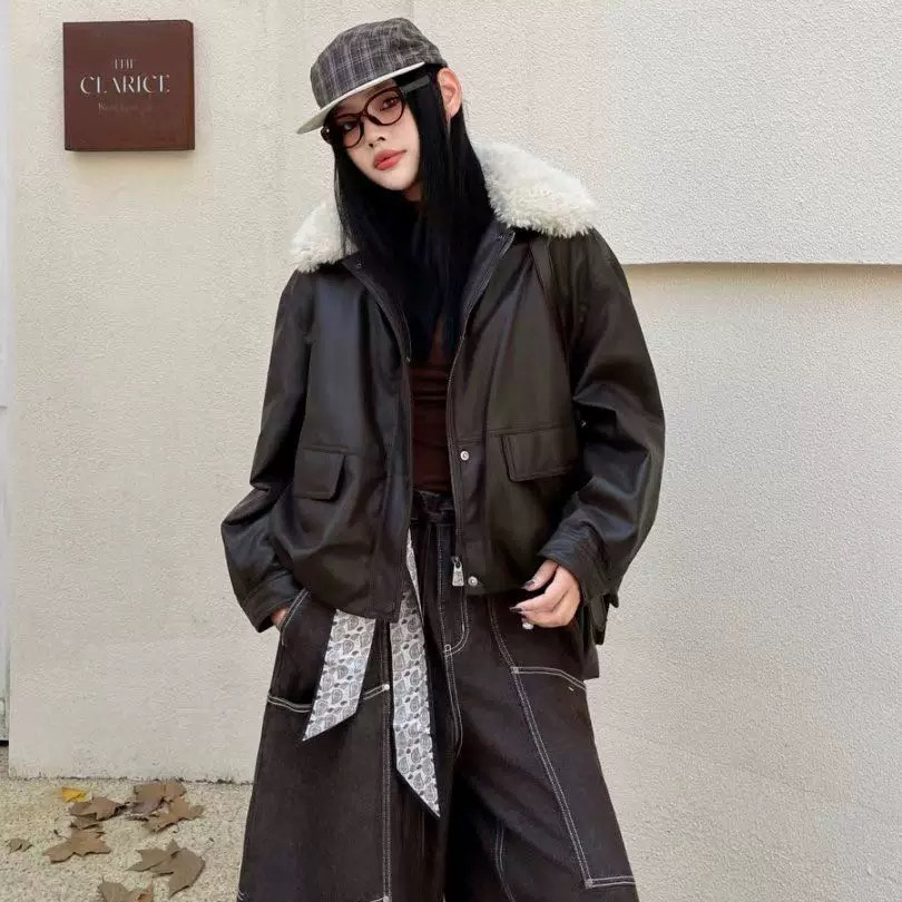 米米冬上新小个子加厚加绒夹克机车皮衣83547