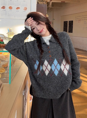 米米lo领纽扣菱格提花软糯毛衣女洋气减龄针织衫设计感毛衣88883
