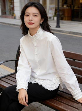 米米26年早春法式复古宫廷风长袖立领白色衬衫R90937