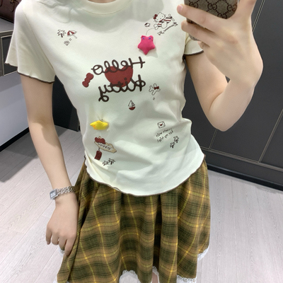 米米设计体五角星字母爱心印花百搭短袖T恤(配可拆卸五角星)Q147