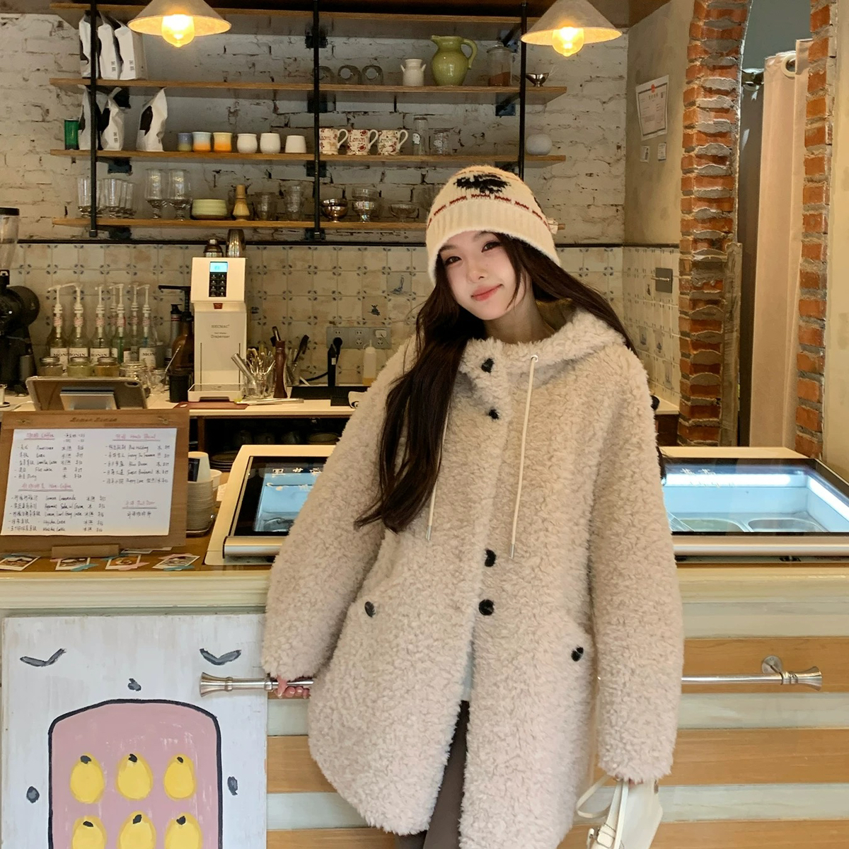 米米套女麂皮毛一体颗粒绒羊剪绒大衣羊毛外套(含100羊毛)262405