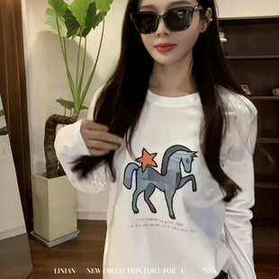 米米店马刺绣减龄长袖T恤女休闲宽松百搭上衣打底衫0462315242