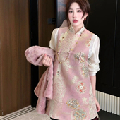 米米小众设计交织 团花纹路马甲裙在光线下流动着碎金连衣裙A981